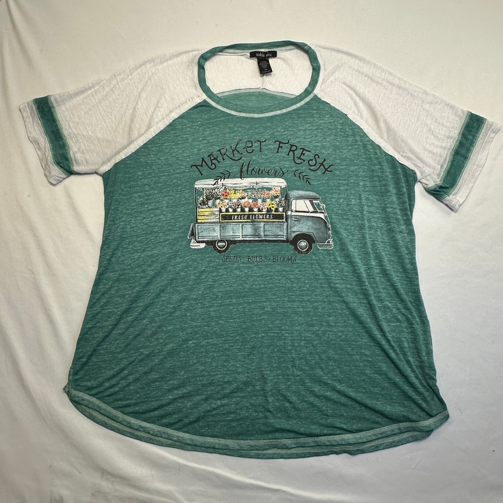 Sable Sky Green Market Flower Truck Raglan Slub Lightweight Tee Cottagecore‎